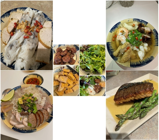 Chia sẻ với VietNamNet, Diễm Hương bộc bạch: "Ở nơi đất khách, tôi thích ăn món thịt kho hột vịt chồng nấu. Tôi không biết nấu nên đồ ăn trong nhà đều do chồng chuẩn bị. Anh ấy có đam mê với ẩm thực". Ngày Lễ tình nhân (14/2), ông xã Diễm Hương đích thân vào bếp làm món bún chả và đậu hũ chiên cho gia đình.