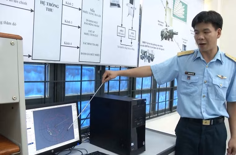 Đội ngũ giảng viên của Học viện đã từng bước đổi mới phương pháp theo hướng dạy học tích cực, xây dựng giáo án điện tử và hướng dẫn thực hành, sát với các loại khí tài mới được trang bị tại các đơn vị huấn luyện, sẵn sàng chiến đấu. Ảnh: Giảng viên trình bày trực quan hệ thống màn hình radar hiện đại cho các học viên.