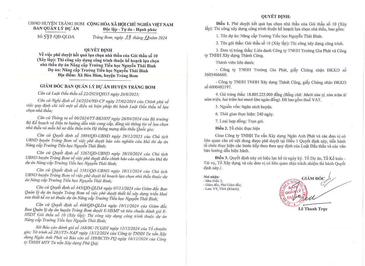 Đồng Nai: Liên danh Trường Gia Phát-Thành Công trúng gói xây lắp trường Nguyễn Thái Bình Dong Nai: Lien danh Truong Gia Phat-Thanh Cong trung goi xay lap truong Nguyen Thai Binh