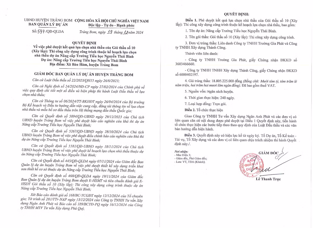 Dong Nai: Lien danh Truong Gia Phat-Thanh Cong trung goi xay lap truong Nguyen Thai Binh