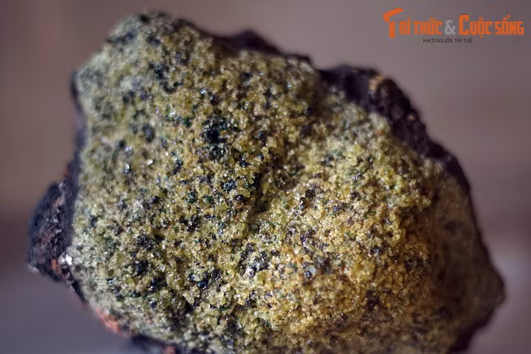 Đá bazan chứa olivin, thu thập ở Kontum. Olivin còn được gọi là peridot, là khoáng vật sắt magie silicat màu xanh lá bắt mắt, có giá trị như một loại đá quý.