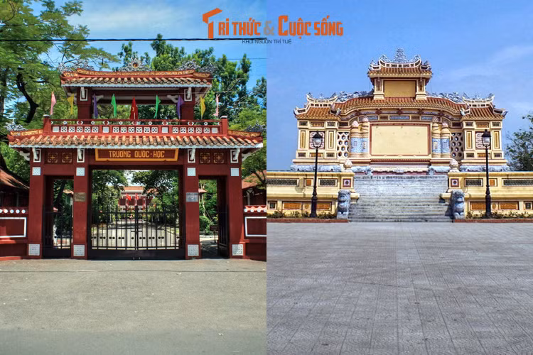 Ngoài các tòa nhà mang kiến trúc châu Âu, trên đường Lê Lợi còn có một số công trình thuộc địa mang đậm yếu tố mỹ thuật truyền thống Huế, tiêu biểu là trường Quốc học Huế (trái) và Đài tưởng niệm chiến sĩ trận vong (phải).