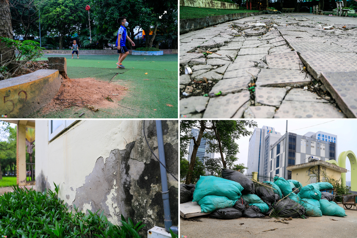 Một số lối đi nội bộ, bồn cây hư hại đến biến dạng; đường lát gạch bị bung, nhiều mảng tường ẩm thấp, bong tróc. Trong khi đó, rác thải chất đống chưa được xử lý.