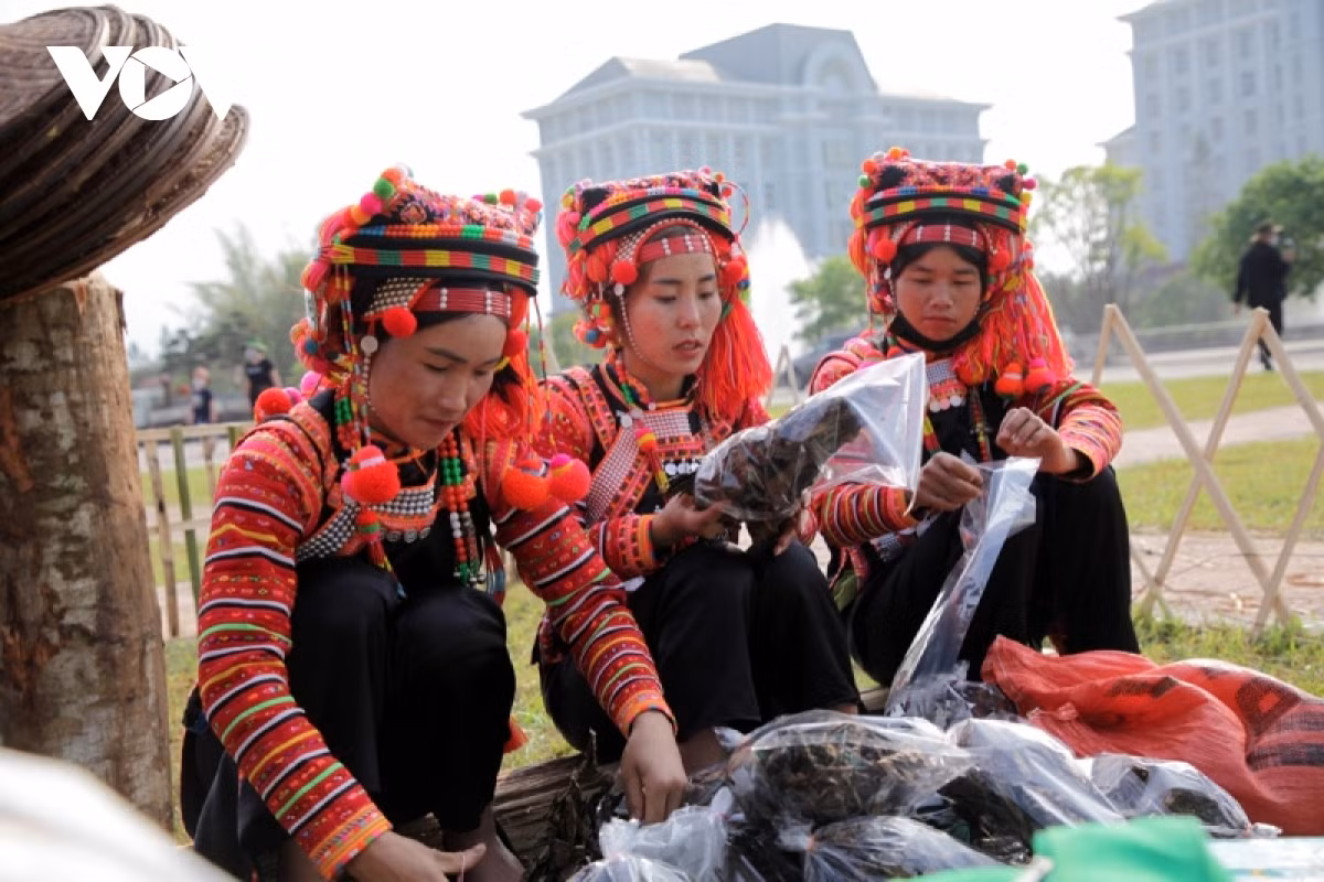Đồng bào các dân tộc mang đến không gian văn hóa nhiều sản vật từ rừng núi để giới thiệu cho du khách.