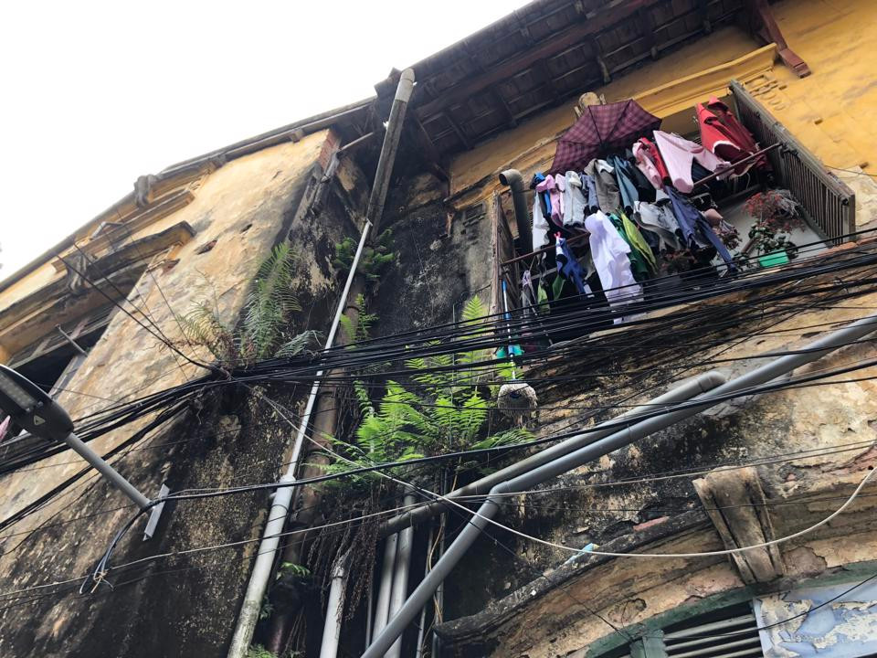 Tòa biệt thự cũ này đang xuống cấp trầm trọng, vữa tường bong tróc, ngói cũng bị vỡ khiến nước ngấm vào nhà. Các cánh cửa cũng mục nát, thậm chí không còn.