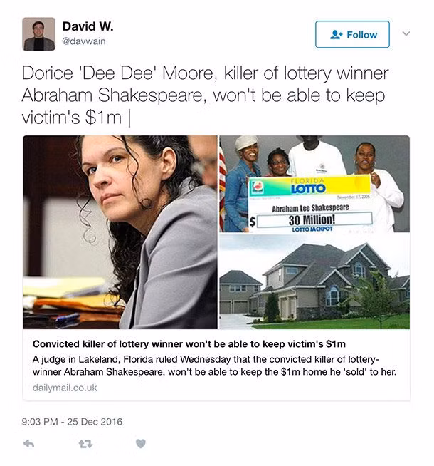 Năm 2006, Abraham Shakespeare trúng giải thưởng 30 triệu USD. Sau đó, một người phụ nữ có tên Dorice “Dee Dee” Moore đã tiếp cận Abraham, trở thành nhà tư vấn tài chính và kiểm soát toàn bộ tài sản của ông. Cuối cùng, Dorice đã bắn chết Abraham. Dorice sau này bị kết án tù chung thân. Ảnh: L25.