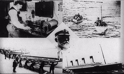 Bức ảnh kết hợp “5 trong 1” này cho thấy, một nhân viên nhận được cuộc gọi khẩn cấp, những chiếc thuyền cứu sinh đưa người sống sót tới tàu Carpathia và hình ảnh thuyền trưởng Smith của tàu RMS Titanic. Ảnh: ATI.