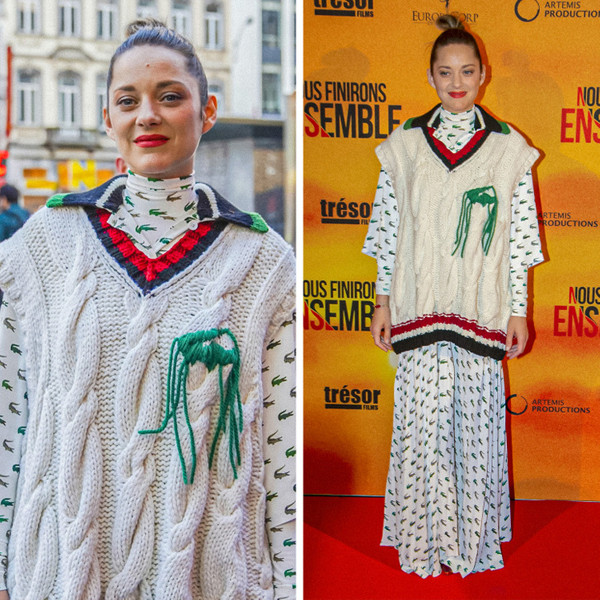 Marion Cotillard lựa chọn bộ đồ không thể “cồng kềnh” hơn. Không chỉ trang phục phối hợp thiếu ăn ý, kiểu tóc búi cao của nữ diễn viên người Pháp cũng thiếu tinh tế. Dù diện đồ đắt tiền song vẻ ngoài của Marion không khá hơn các bà thím mặc đồ chợ là bao.