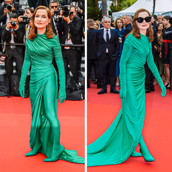 Nữ diễn viên người Pháp gây bất ngờ khi xuất hiện tại Liên hoan Cannes 2022. Isabelle Huppert mặc trang phục xanh lá cây với các phụ kiện như gang tay, tất da và giày đồng màu. Không thể phủ nhận sự “dũng cảm” của Isabelle, bộ đồ khiến cô nàng trở nên nổi bật dù không được đánh giá cao về hiệu quả thẩm mỹ.