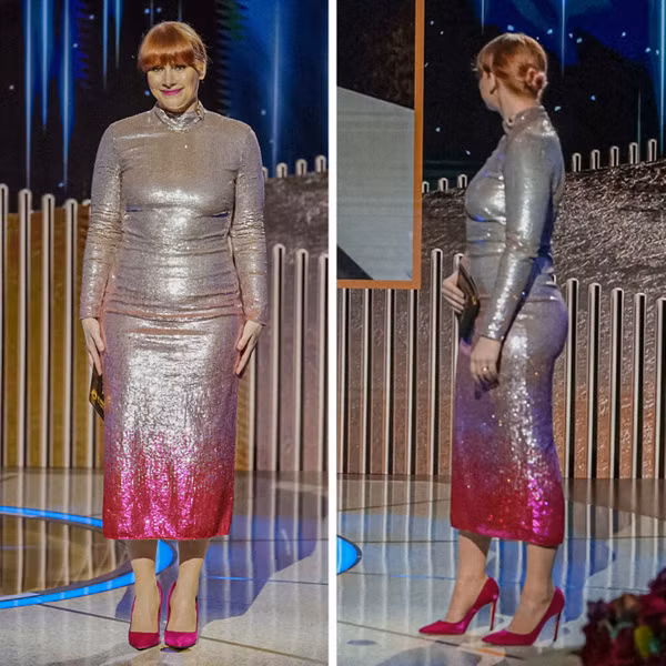 Bryce xuất hiện tại Lễ trao giải Quả cầu vàng năm 2021 với bộ đầm bó sát làm từ chất liệu vải mỏng. Thực tế, chiếc váy là mẫu cũ từ vài năm trước. Không chỉ lỗi mốt, bộ đồ còn khiến Bryce lộ khuyết điểm cơ thể thiếu gọn gàng, săn chắc.