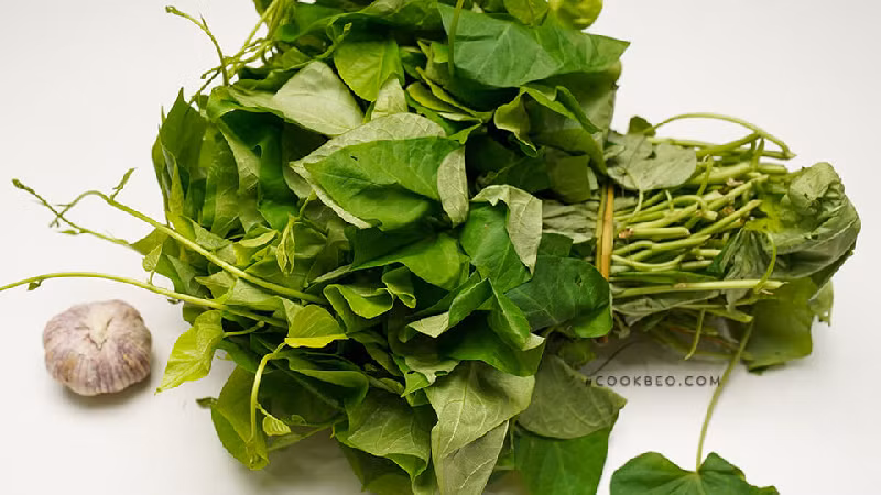 Cách làm món rau lang trộn. Chuẩn bị các nguyên liệu: Lá khoai lang, tỏi, ớt, muối, dầu ăn, dầu hào, nước tương, nước. Ảnh: Cookbeo.com.