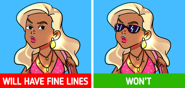 4. Không đeo kính râm. Kính râm không chỉ là phụ kiện thời trang mà còn bảo vệ mắt hiệu quả. Khi sử dụng, mắt sẽ được bảo vệ khỏi ánh sáng trực tiếp từ mặt trời. Ngược lại, thường xuyên nheo mắt khi ra nắng làm tăng tốc độ hình thành nếp nhăn quanh trán và mắt. (Ảnh: Brightside)