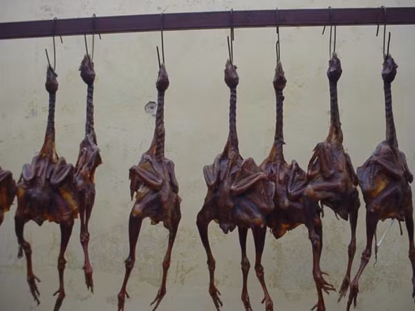  “Gà hong gió” tên phiên âm tiếng Trung là Fengganji, có nguồn gốc từ thời Tam Quốc. Theo một số ghi chép, Tôn Quyền muốn lôi kéo Lưu Bị nên gả em gái Tôn Thượng Hương cho ông ta. Làm vợ, Tôn Thượng Hương rất quan tâm đến chồng, biết Lưu Bị thích ăn thịt gà nên nàng Tôn sáng tạo và chế biến nhiều món ngon từ gà để chiều lòng phu quân. Trong số đó, “gà hong gió” là món được Lưu Bị đặc biệt yêu thích. (Ảnh: Internet)