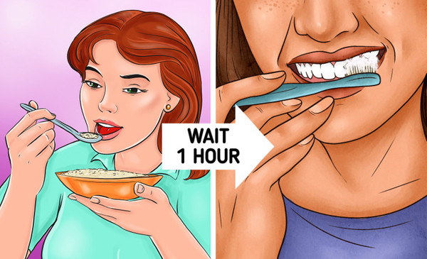 Đánh răng ngay sau ăn. Đánh răng giúp loại bỏ mảng bám và thức ăn thừa, ngăn ngừa sâu răng. Mỗi ngày, bạn nên đánh răng 2 lần, mỗi lần 2 phút. Đáng lưu ý, thời điểm đánh răng ảnh hưởng lớn đến hiệu quả chăm sóc răng miệng. Cụ thể, bạn nên đánh răng sau khi ăn 1 tiếng. Đánh răng ngay sau ăn khiến axit loại bỏ men răng. (Ảnh: Brightside)