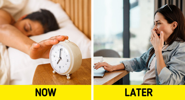 Tắt báo thức rồi ngủ tiếp. Thói quen nhấn nút tạm dừng báo thức, để chuông báo lặp lại nhiều lần có thể gây ra tác động xấu đến tim mạch và gây ức chế hệ thần kinh. (Ảnh: Brightside)