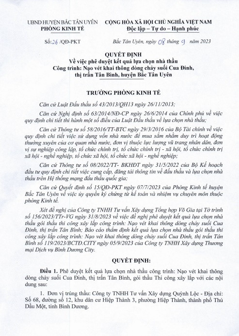 Bình Dương: Cty Quỳnh Lộc 1 ngày trúng 2 gói thầu tại Bắc Tân Uyên Binh Duong: Cty Quynh Loc 1 ngay trung 2 goi thau tai Bac Tan Uyen