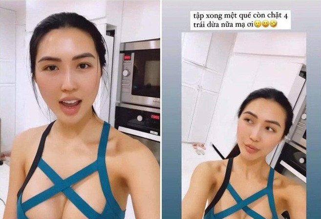 Hoa hậu Tường Linh thì "đốt mắt" người nhìn với chiếc áo trễ nải. Nếu chiếc áo không có thêm chi tiết đan chéo, có lẽ vòng 1 của người đẹp sẽ bị "sổ lồng" khi tập những động tác cúi người.