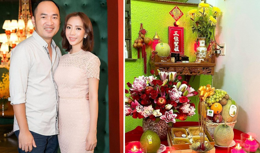 Vợ chồng Thu Trang và Tiến Luật cũng chuẩn bị lễ chay cúng Tổ. Diễn viên hài tâm sự: "Hôm nay, tôi cúng chay đơn giản tại nhà. Một năm rất khác. Cầu mong Tổ phù hộ cho tất cả anh chị em nghệ sĩ".