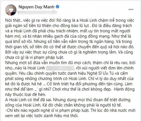 Từ thái độ "cà khịa", Duy Mạnh chuyển hướng bênh Hoài Linh hết lời Tu thai do