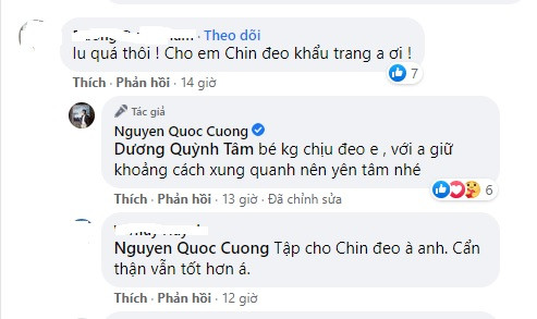 Trước nhiều ý kiến nhắc nhở đeo khẩu trang cho con để đảm bảo an toàn, Cường Đô la giải thích: "Bé không chịu đeo em, với anh giữ khoảng cách xung quanh nên yên tâm nhé".