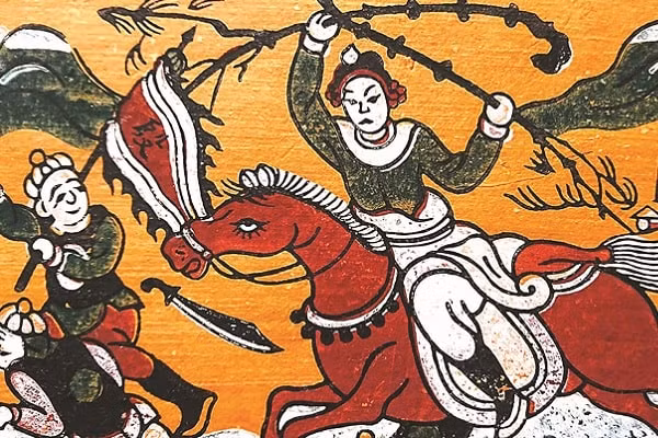 Trong khi ấy, Thánh Gióng lớn nhanh như thổi và được làng xóm gom góp gạo nuôi để mong sớm đánh tan quân giặc. Sau khi trở thành tráng sĩ oai phong lẫm liệt, Thánh Gióng mặc áo giáp, cầm roi nhảy lên mình ngựa sắt. Ngựa phun lửa, Thánh Gióng xông lên tiêu diệt, đánh tan quân địch. Sau cùng, Thánh Gióng cưỡi ngựa sắt bay về trời.