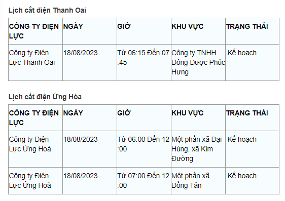 Tùy theo tình hình thời tiết và kế hoạch thay đổi nên lịch cắt điện Hà Nội hôm nay có thể được điều chỉnh hoãn ở một số nơi. Quý độc giả có thể theo dõi lịch cắt điện thường xuyên trên kienthuc.net để nắm bắt kịp thời, chủ động sắp xếp lịch sinh hoạt và sản xuất phù hợp nhất.