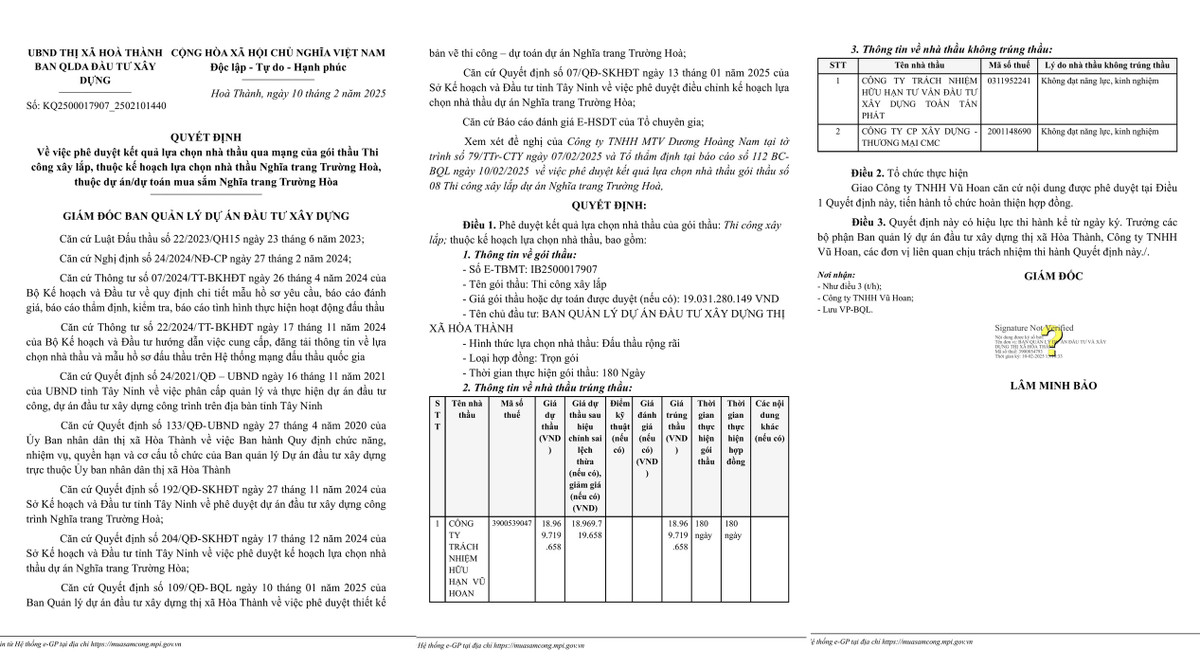 Tây Ninh: Gói thầu thi công xây lắp hơn 19 tỷ đồng về tay Cty Vũ Hoan Tay Ninh: Goi thau thi cong xay lap hon 19 ty dong ve tay Cty Vu Hoan