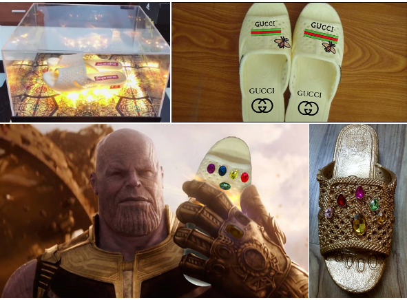 Dưới tài photoshop của dân mạng, dép tổ ong Việt Nam được "nâng tầm" khi gắn logo của các ông lớn thời trang như Supreme, Gucci hay thậm chí được trang trí bằng 6 viên đá vô cực như trong phim bom tấn Avengers: Infinity War. Ảnh: Phan Quý Vinh, Linh Thu Hoàng, Moveek, Thái Sơn.