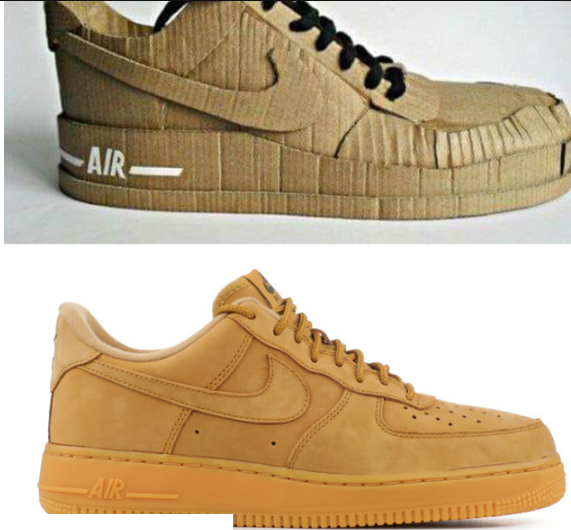 Nếu không đủ tiền mua mẫu giày Nike Air Force 1 của hãng Nike với giá khoảng 3,5 triệu đồng như hình dưới, các tín đồ có thể nghĩ tới phương án thay thế bằng bìa hộp các tông như trên. Ảnh: Jerick Estomago, Fightclub.