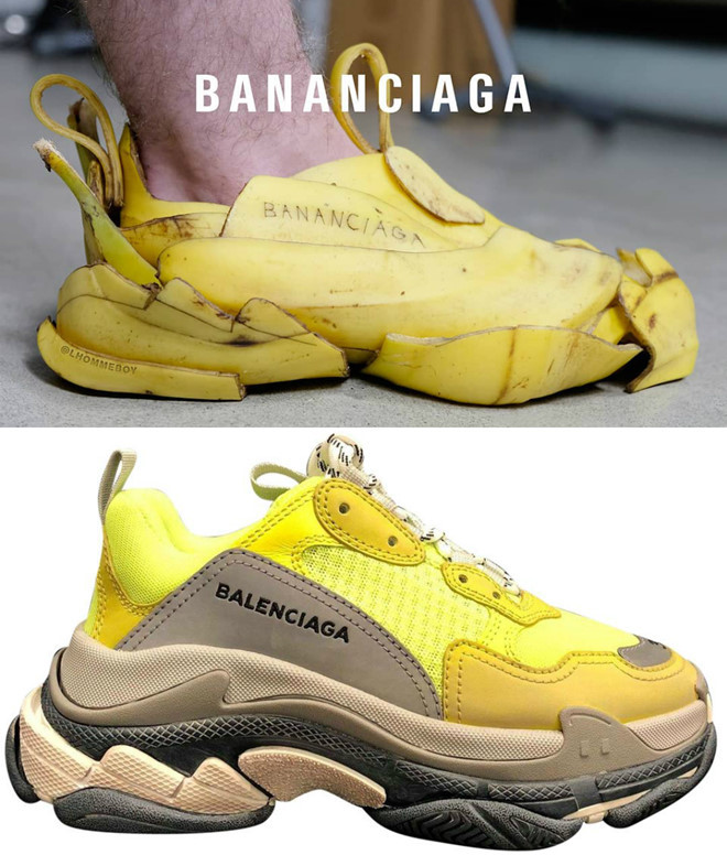 Chủ nhân "tác phẩm nghệ thuật" từ vỏ chuối này là tín đồ của mẫu giày Balenciaga Triple S đến từ thương hiệu đình đám của Tây Ban Nha. Đây là một trong những mẫu sneaker bán chạy nhất năm 2018 và có giá khoảng 25 triệu đồng. Mẫu này được nhiều nghệ sĩ Việt như Sơn Tùng M-TP, Bảo Anh, Minh Hằng, Tóc Tiên ưa chuộng. Ảnh: lhommeboy, tradesy.