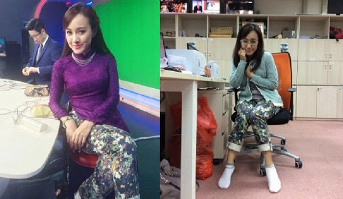 Chiếc quần được BTV Hoài Anh mặc ở hậu trường với khi lên sóng nhìn cứ quen quen.