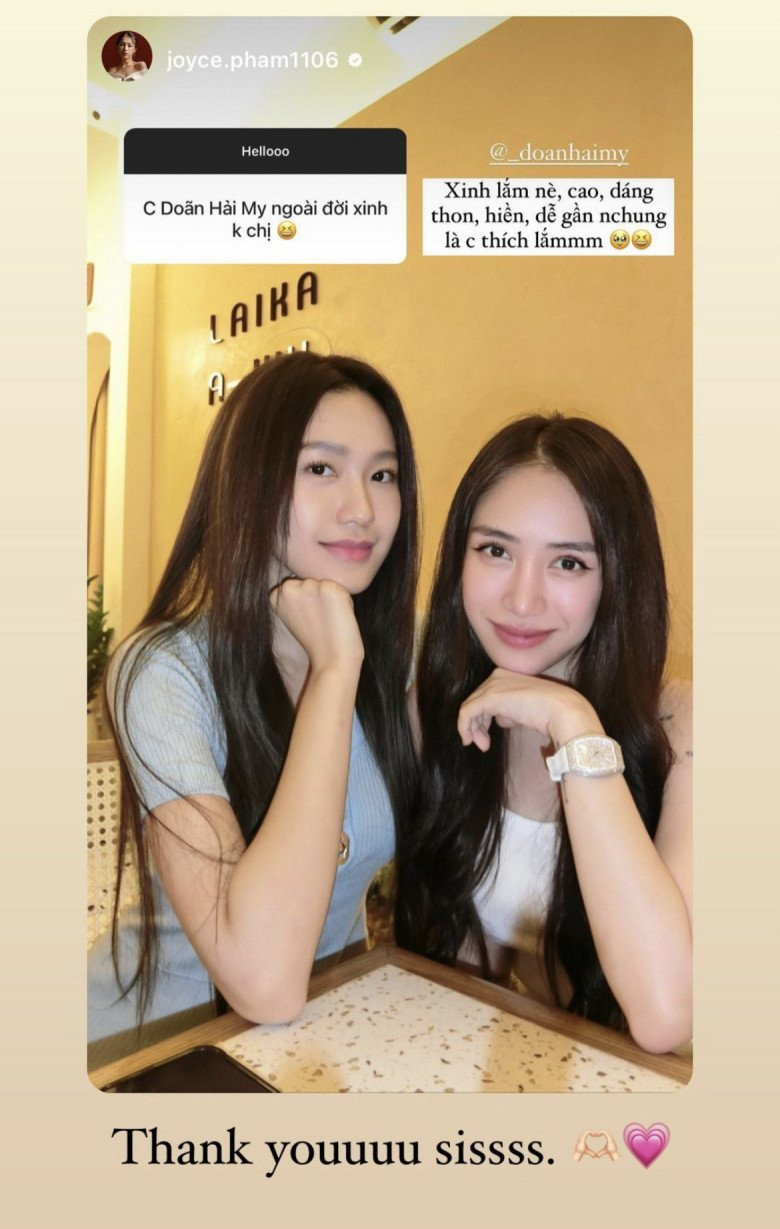 Cô nàng rich kid chia sẻ cảm nhận gặp người đẹp khi được các fans hỏi là: “Doãn Hải My ở ngoài xinh lắm nè, cao, dáng thon, hiền, dễ gần nói chung là chị thích lắm”.