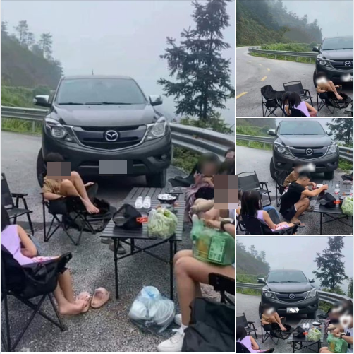 Trên MXH ít giờ qua xuất hiện hình ảnh một đại gia đình, có cả trẻ nhỏ thản nhiên bày bàn ghế, ngồi cắm trại ngay trên đoạn cua đường đèo, vị trí này rất nguy hiểm. Ảnh chụp màn hình