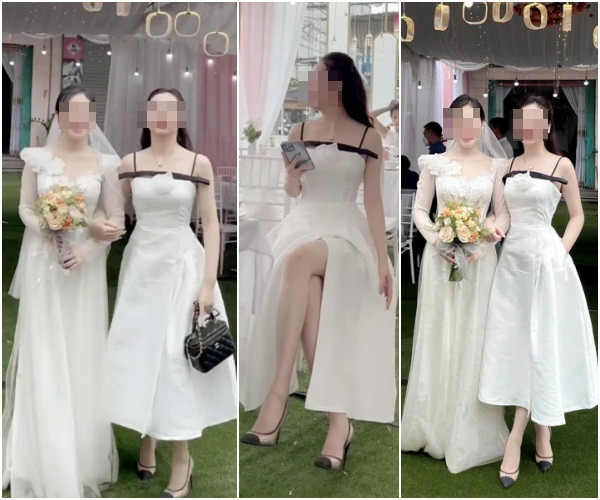 Một cô gái khác diện váy trắng hở vai cùng phần chân xẻ tà nhìn khá cầu kỳ đi đám cưới bạn thân. Nhiều ý kiến cho rằng cô gái mặc váy trắng có phần lộng lẫy quá đà, muốn lấn át cô dâu đứng cạnh. Ảnh: Internet