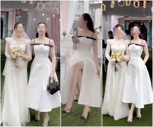 Một cô gái khác diện váy trắng hở vai cùng phần chân xẻ tà nhìn khá cầu kỳ đi đám cưới bạn thân. Nhiều ý kiến cho rằng cô gái mặc váy trắng có phần lộng lẫy quá đà, muốn lấn át cô dâu đứng cạnh. Ảnh: Internet