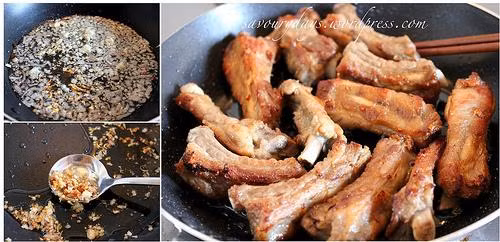 Sườn non rửa sạch, trần qua nước sôi; Ớt, tỏi khô băm nhỏ, cà rốt thái chân hương. Hoà trước một bát nước chua ngọt gồm: 1 nước mắm + 1,5 dấm + 1,5 đường + 3,4 nước lọc + tỏi ớt. Đun sôi dầu mỡ, cho sườn vào rán vàng. Đợi sườn đã rán vàng thì cho nước chua ngọt vào đun sôi nhỏ lửa cho ngấm đều. Khi sườn mềm xuống cho thêm một chút bột đao vào khoáy đều cho sánh. Cuối cùng cho hành hoa, cà rốt, cà chua thái miếng cau đảo đều chín tới mang bày ra đĩa. Ảnh: Savourydays.wordpress.com.