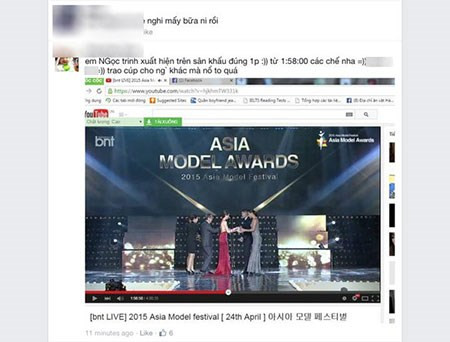 Tiếp đó trong đoạn video dài 4 tiếng về lễ trao giải Festival Model Awards 2015 không hề có một hình ảnh nào của việc Ngọc Trinh được vinh danh ở hạng mục Nữ hoàng bikini, mà chỉ có khoảnh khắc Ngọc Trinh lên sân khấu trao giải cho một người đẹp đến từ Đài Loan.