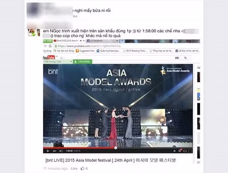 Tiếp đó trong đoạn video dài 4 tiếng về lễ trao giải Festival Model Awards 2015 không hề có một hình ảnh nào của việc Ngọc Trinh được vinh danh ở hạng mục Nữ hoàng bikini, mà chỉ có khoảnh khắc Ngọc Trinh lên sân khấu trao giải cho một người đẹp đến từ Đài Loan.