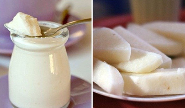 Để làm mặt nạ dưỡng trắng hồng da từ củ đậu, bạn cần chuẩn bị những nguyên liệu gồm củ đậu và sữa chua không đường. Ảnh: trinamnatame.