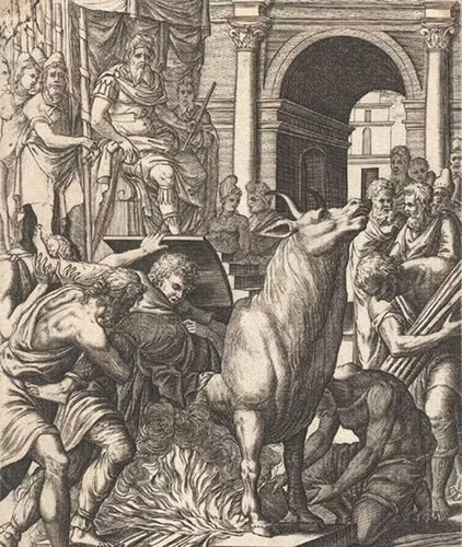 Mang hình dáng của một con bò rỗng ruột bên trong, tử tù được đưa vào bên trong thông qua cánh cửa nhỏ. Kế đến, người ta khóa chặt cửa và đốt lửa phía dưới bụng con bò.