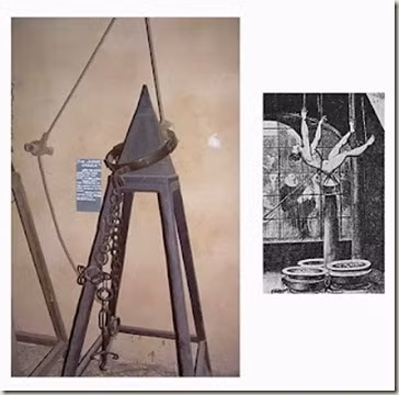 Kế đến, người hành hình sẽ từ từ thả phạm nhân xuống cho đến khi hậu môn bị đâm vào đỉnh nhọn của kim tự tháp.