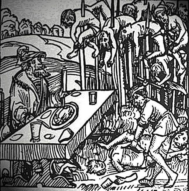 Toàn bộ người già, bệnh tật bị quân lính của bá tước Vlad Tepes III thực hiện hình phạt tra tấn đóng cọc xuyên người.