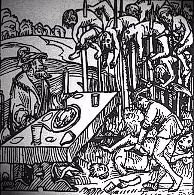 Toàn bộ người già, bệnh tật bị quân lính của bá tước Vlad Tepes III thực hiện hình phạt tra tấn đóng cọc xuyên người.