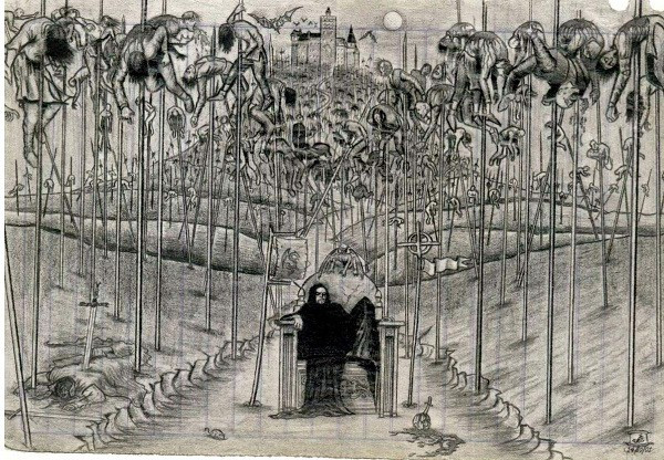 Trước sân lâu đài của bá tước Vlad Tepes III có rất nhiều cọc xiên người. Vị "bá tước ma cà rồng'' có thật trong lịch sử này còn thường xuyên ăn bữa tối ở giữa những phạm nhân chết dần chết mòn khi bị đóng cọc xiên người.