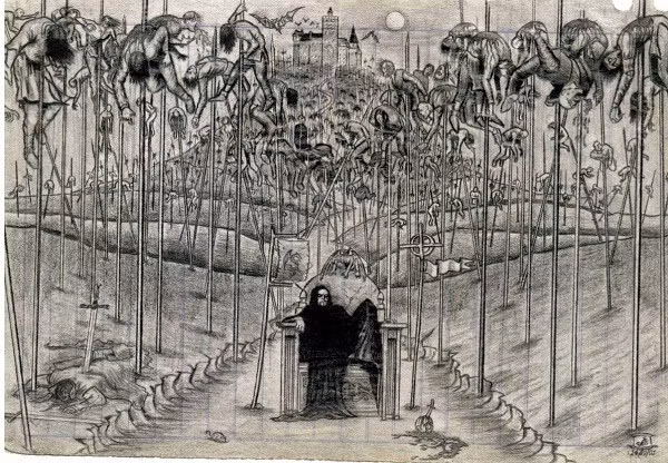 Trước sân lâu đài của bá tước Vlad Tepes III có rất nhiều cọc xiên người. Vị "bá tước ma cà rồng'' có thật trong lịch sử này còn thường xuyên ăn bữa tối ở giữa những phạm nhân chết dần chết mòn khi bị đóng cọc xiên người.