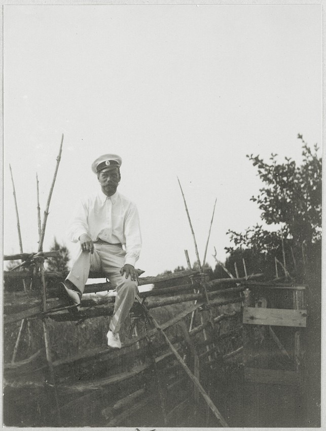 Sa hoàng Nicholas II ngồi trên một bức tường rào.