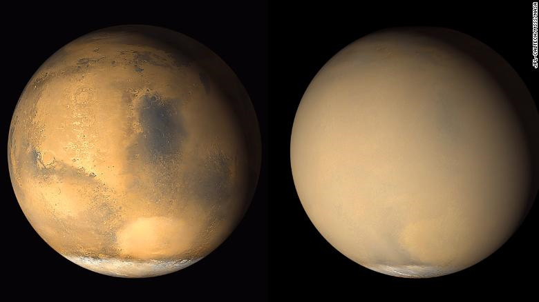 Hỏa tinh thường xuyên xảy ra những cơn bão bụi bao quanh hành tinh. Hành tinh này đã hoàn toàn thay đổi diện mạo khi khói bụi nổi lên do hoạt động của bão bụi ở phía nam. Hình ảnh này được chụp lại từ tàu vũ trụ Mars Global Surveyor vào năm 2001.