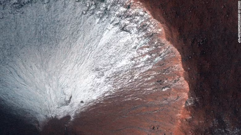 Hình ảnh này được chụp từ máy ảnh có độ phân giải cao (HiRISE) ở miệng của một núi lửa ở bán cầu nam trên Hỏa tinh vào tháng 6/2014. Đây là thời điểm Hỏa tinh giao mùa vào cuối đông và chuyển dần sang xuân. Miệng núi lửa này vẫn đang bị bao phủ bởi băng tuyết.