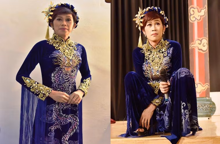 Hình ảnh Hoài Linh giả gái. Sau khi “xả” vai, anh vẫn là một Hoài Linh rất đỗi bình dân với kiểu ngồi trở thành thương hiệu riêng của mình. 