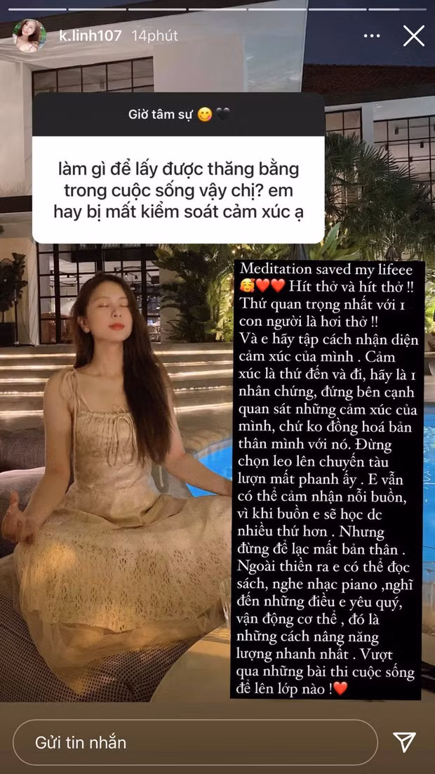 Ngoài ra, tiểu thư Hà thành cũng thoải mái chia sẻ cách lấy lại cân bằng cảm xúc khi stress hoặc buồn. Cô nàng khuyên rằng điều quan trọng nhất chính là thiền và hít thở. Ảnh: Chụp màn hình